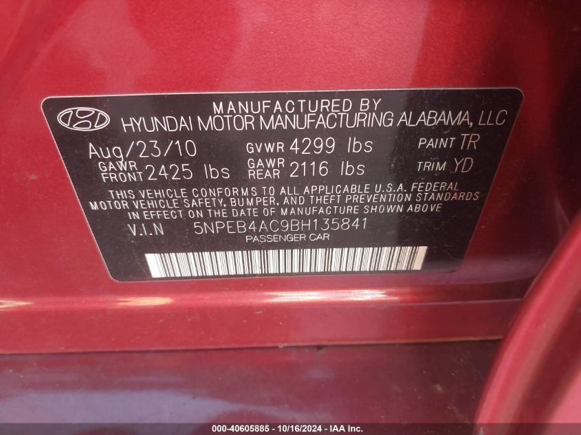 2011 Hyundai Sonata Gls VIN: 5NPEB4AC9BH135841 Lot: 40605885