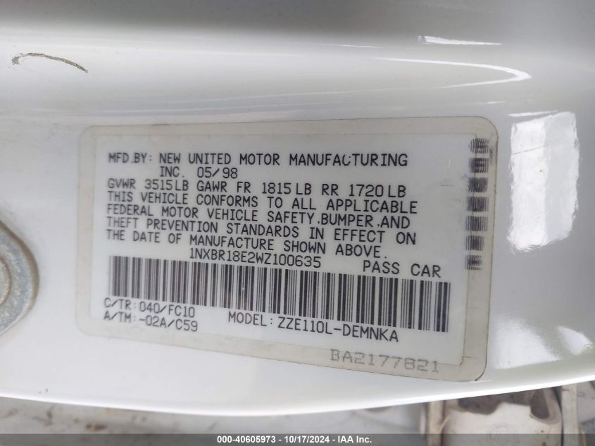 1998 Toyota Corolla Le VIN: 1NXBR18E2WZ100635 Lot: 40605973