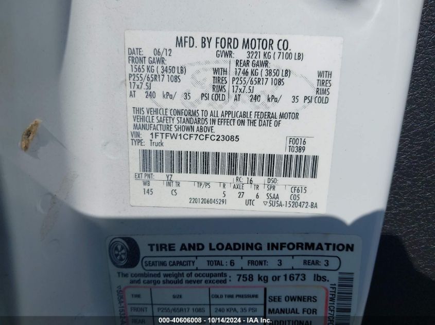 2012 Ford F-150 Xl VIN: 1FTFW1CF7CFC23085 Lot: 40606008