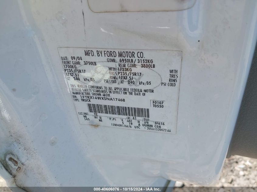 2005 Ford F-150 Stx/Xl/Xlt VIN: 1FTRX14WX5NA17468 Lot: 40606076