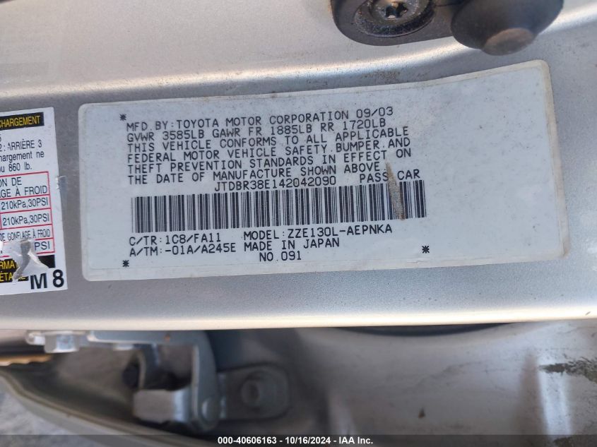 2004 Toyota Corolla Le VIN: JTDBR38E142042090 Lot: 40606163