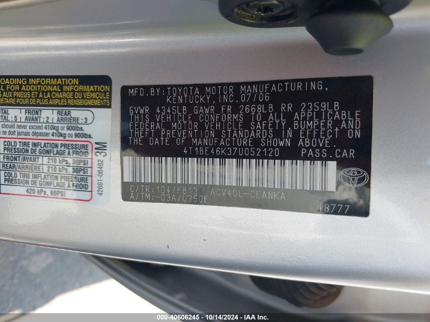 2007 Toyota Camry Le VIN: 4T1BE46K37U052120 Lot: 40606245