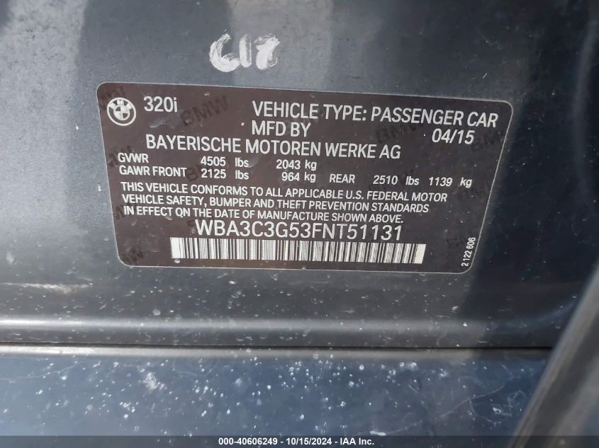2015 BMW 320I xDrive VIN: WBA3C3G53FNT51131 Lot: 40606249