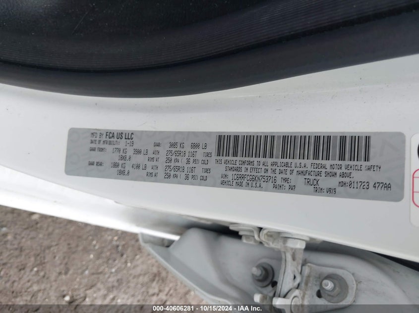 2019 Ram 1500 Tradesman 4X4 6'4 Box VIN: 1C6RRFCG6KN753716 Lot: 40606281
