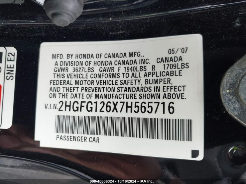 2007 Honda Civic Lx VIN: 2HGFG126X7H565716 Lot: 40606324