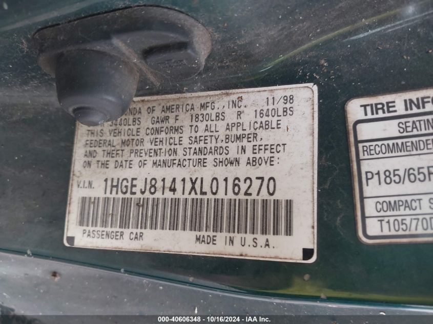 1999 Honda Civic Ex VIN: 1HGEJ8141XL016270 Lot: 40606348