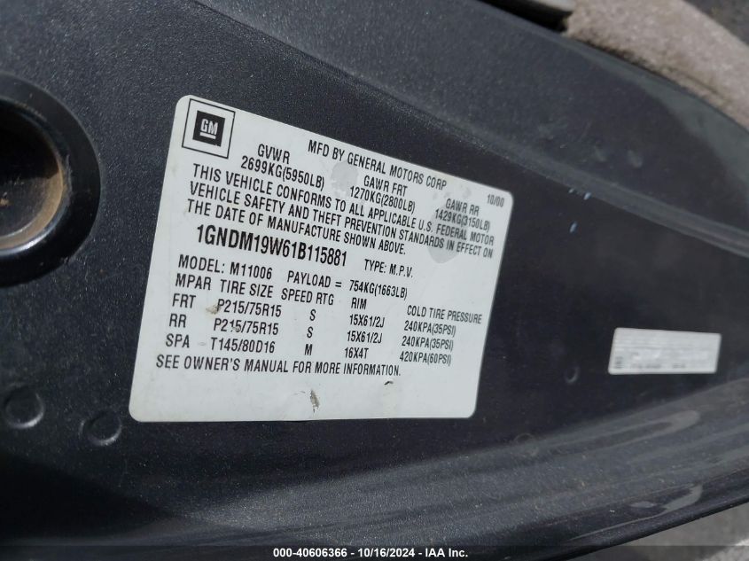 2001 Chevrolet Astro Ls VIN: 1GNDM19W61B115881 Lot: 40606366