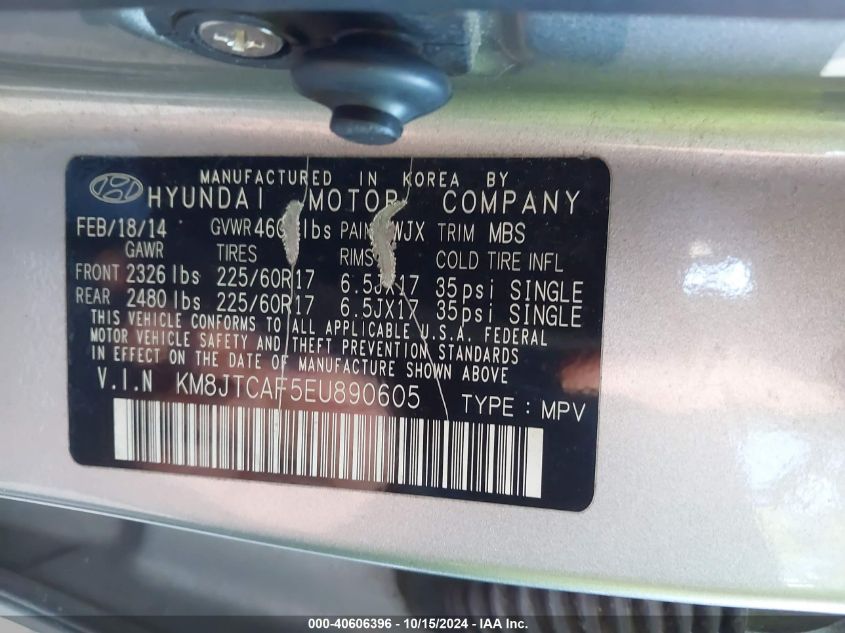 2014 Hyundai Tucson Gls VIN: KM8JTCAF5EU890605 Lot: 40606396