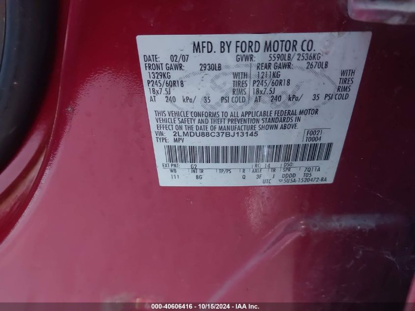 2007 Lincoln Mkx VIN: 2LMDU88C37BJ13145 Lot: 40606416