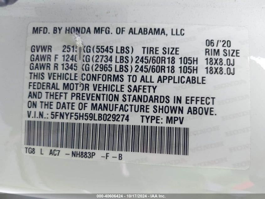 2020 Honda Pilot 2Wd Ex-L VIN: 5FNYF5H59LB029274 Lot: 40606424