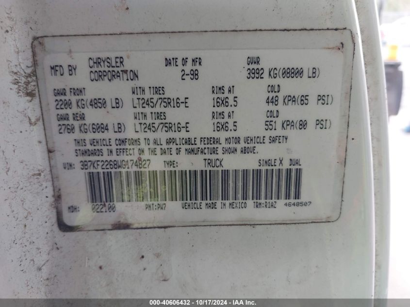 1998 Dodge Ram 2500 St VIN: 3B7KF2268WG174827 Lot: 40606432