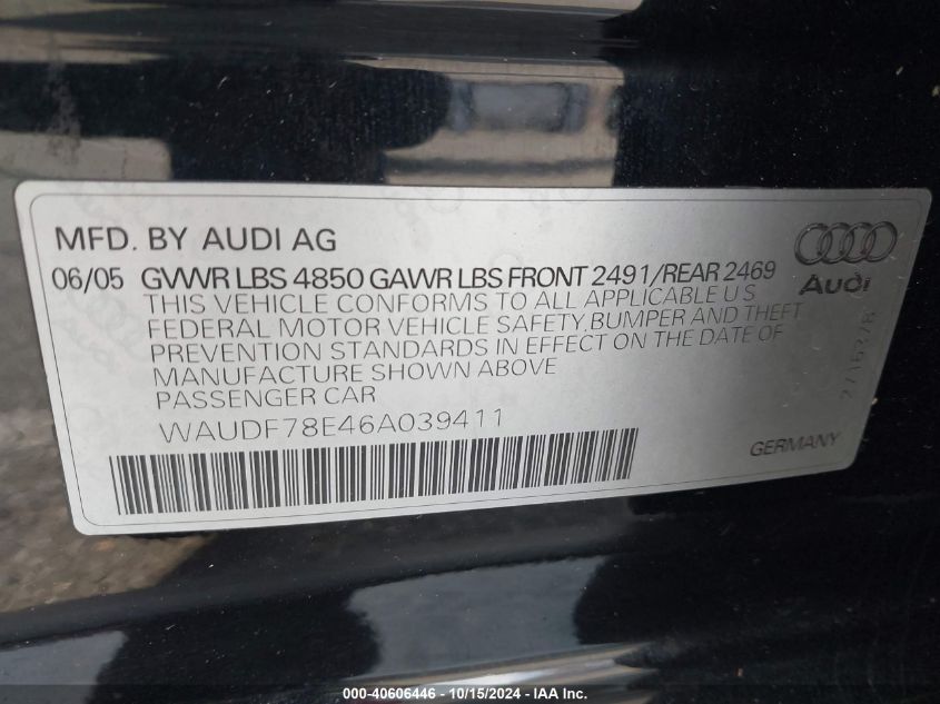 2006 Audi A4 2.0T VIN: WAUDF78E46A039411 Lot: 40606446