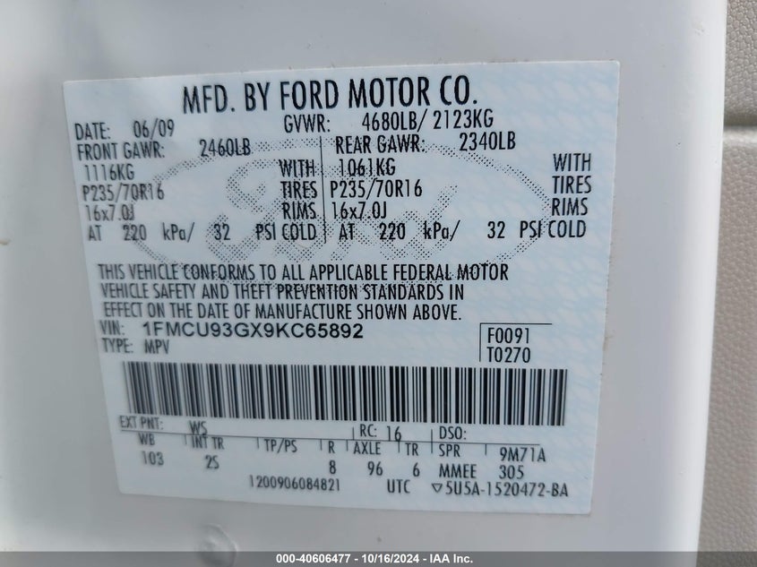 2009 Ford Escape Xlt VIN: 1FMCU93GX9KC65892 Lot: 40606477