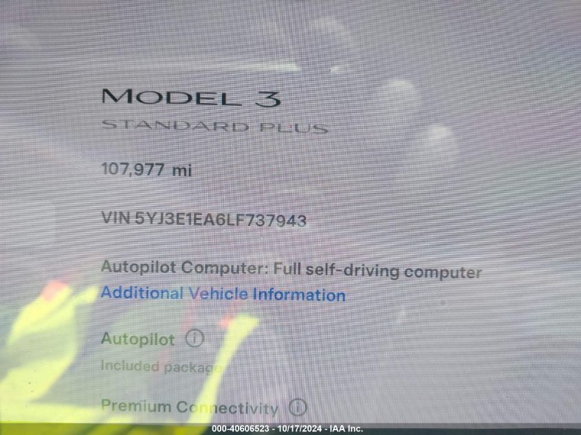 2020 Tesla Model 3 Standard Range Plus Rear-Wheel Drive/Standard Range Rear-Wheel Drive VIN: 5YJ3E1EA6LF737943 Lot: 40606523