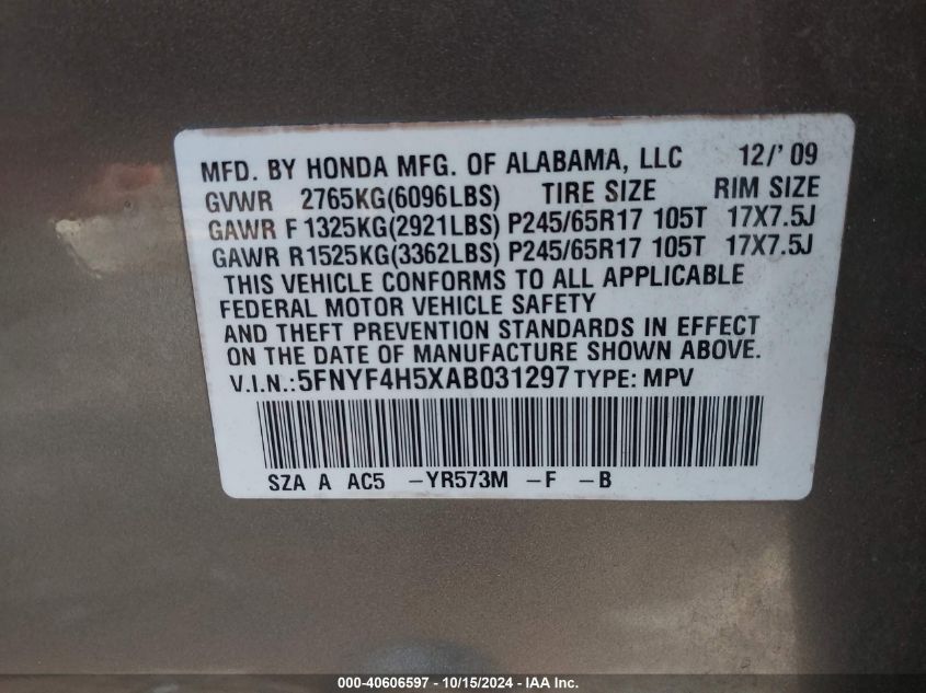 2010 Honda Pilot Ex-L VIN: 5FNYF4H5XAB031297 Lot: 40606597