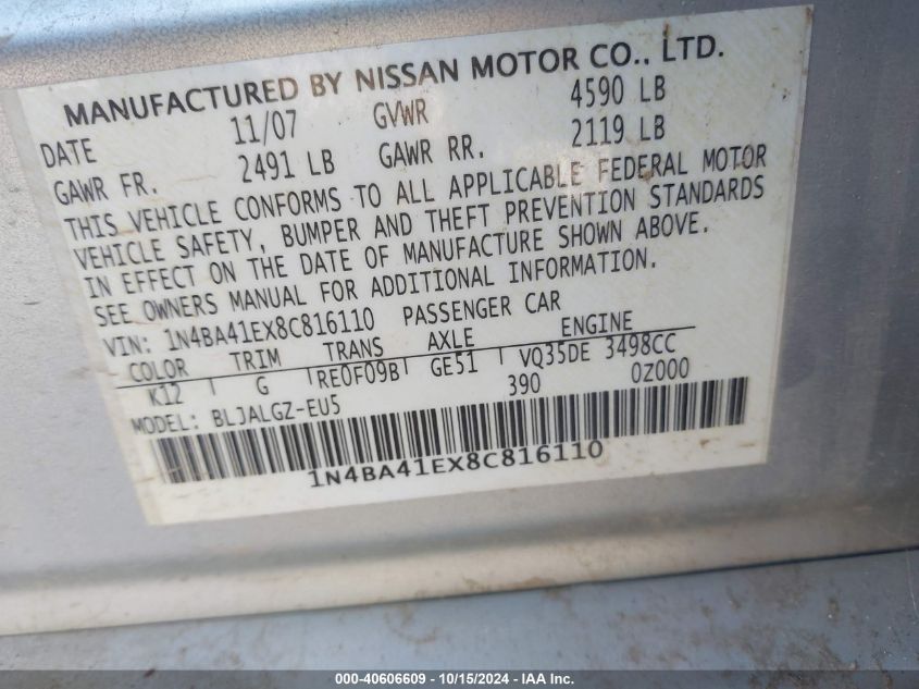 2008 Nissan Maxima 3.5 Sl VIN: 1N4BA41EX8C816110 Lot: 40606609