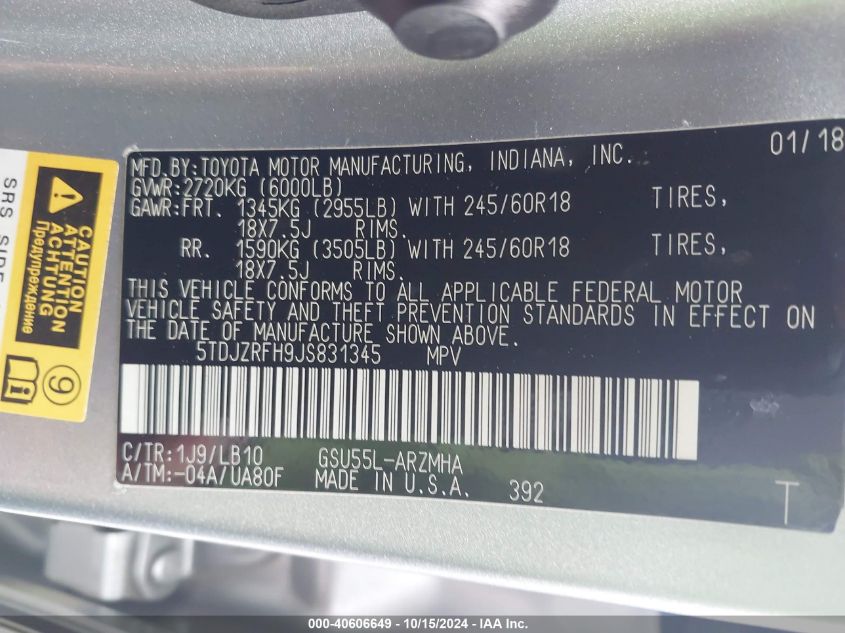 2018 Toyota Highlander Xle VIN: 5TDJZRFH9JS831345 Lot: 40606649