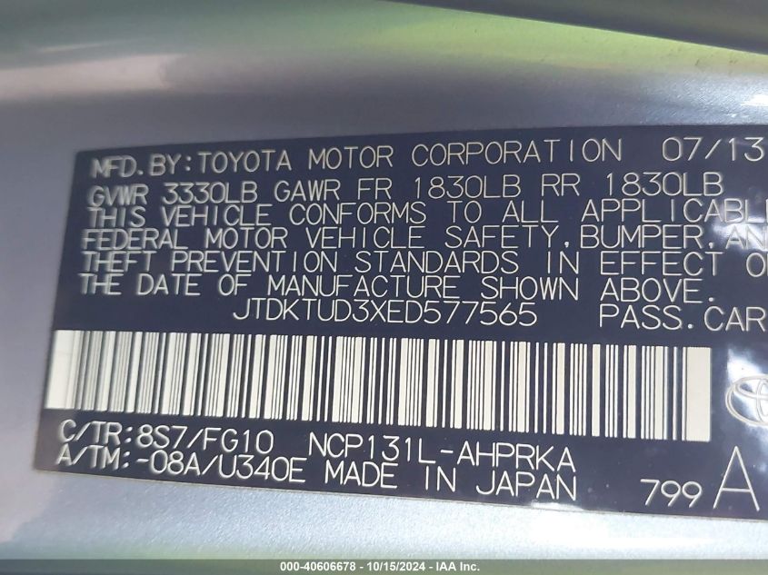 2014 Toyota Yaris Le (Tmc/Cbu Plant) VIN: JTDKTUD3XED577565 Lot: 40606678