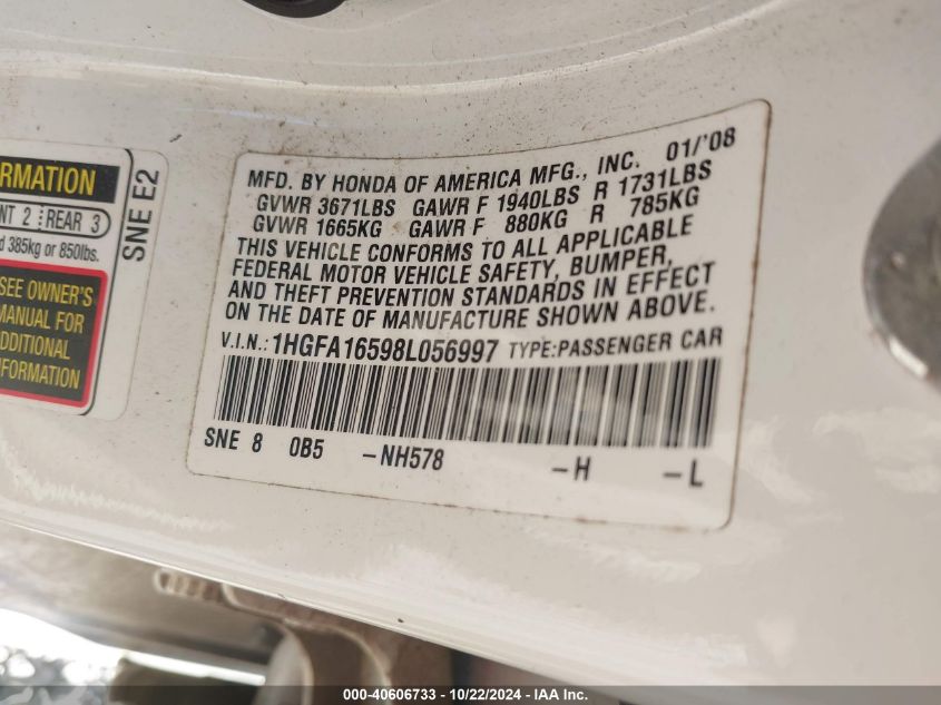 2008 Honda Civic Lx VIN: 1HGFA16598L056997 Lot: 40606733