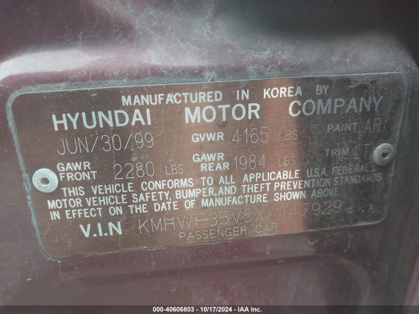 1999 Hyundai Sonata Gls VIN: KMHWF35V5XA147929 Lot: 40606803