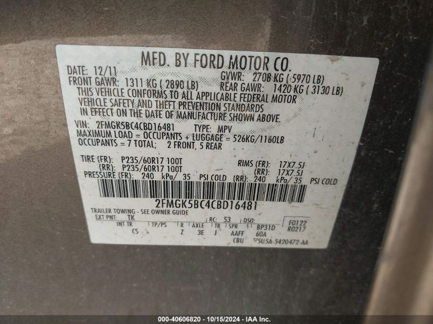 2012 Ford Flex Se VIN: 2FMGK5BC4CBD16481 Lot: 40606820