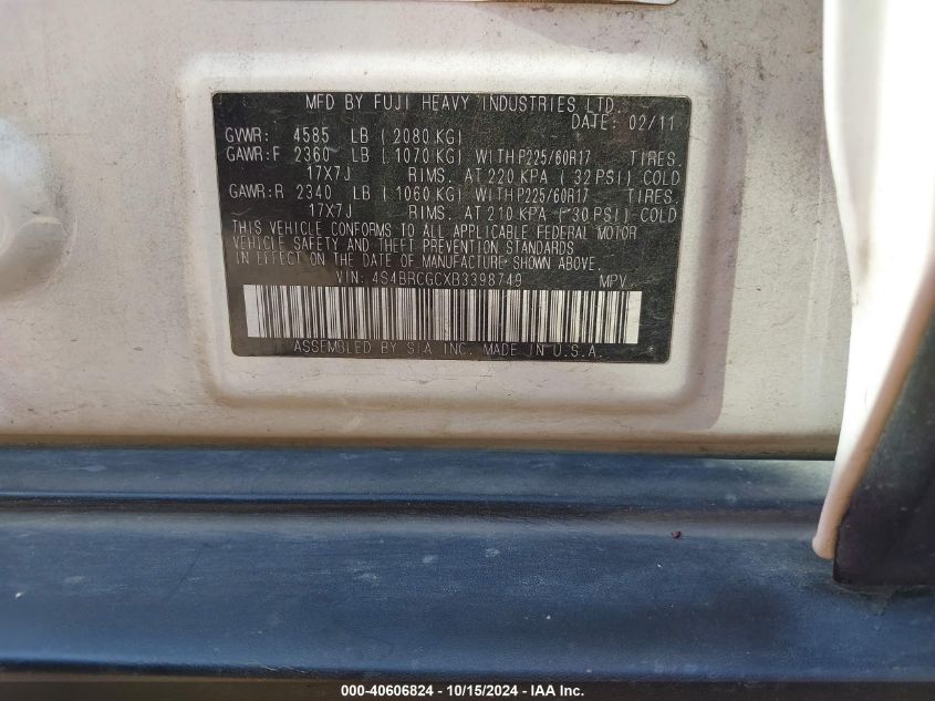 2011 Subaru Outback 2.5I Premium VIN: 4S4BRCGCXB3398749 Lot: 40606824