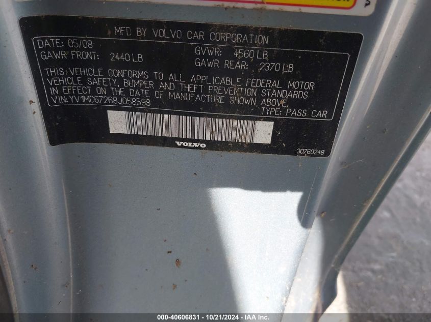 2008 Volvo C70 T5 VIN: YV1MC67268J058598 Lot: 40606831