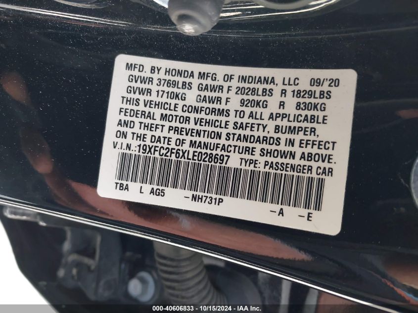 2020 Honda Civic Lx VIN: 19XFC2F6XLE028697 Lot: 40606833