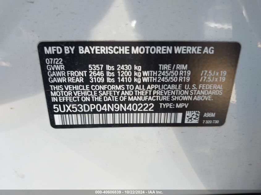 2022 BMW X3 xDrive30I VIN: 5UX53DP04N9N40222 Lot: 40606839