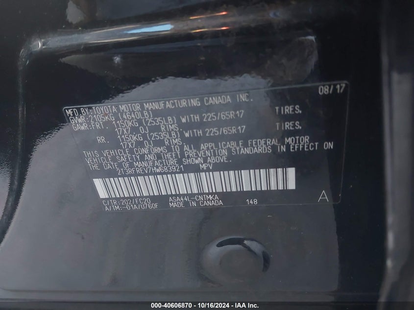 VIN 2T3RFREV7HW683921 2017 TOYOTA RAV4 XLE