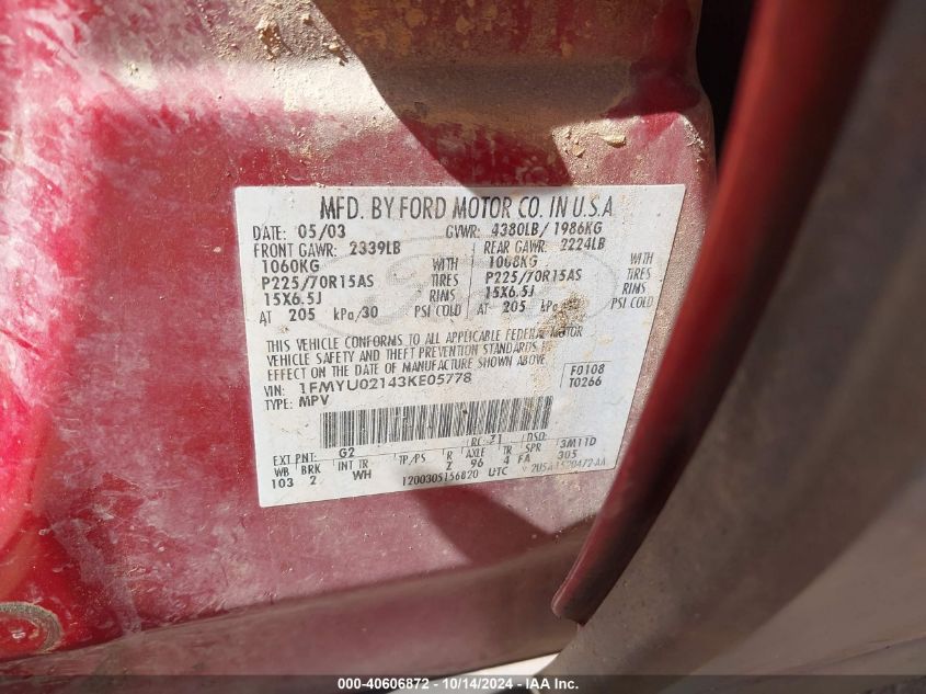 2003 Ford Escape Xls VIN: 1FMYU02143KE05778 Lot: 40606872