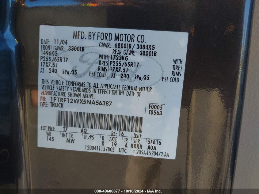 2005 Ford F-150 Stx/Xl/Xlt VIN: 1FTRF12WX5NA56387 Lot: 40606877