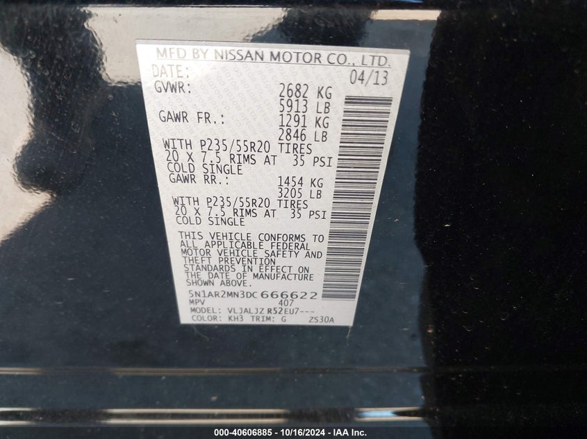 2013 Nissan Pathfinder Platinum VIN: 5N1AR2MN3DC666622 Lot: 40606885