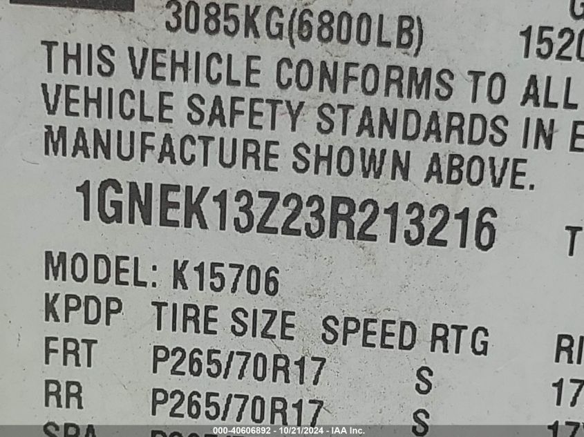 2003 Chevrolet Tahoe Z71 VIN: 1GNEK13Z23R213216 Lot: 40606892