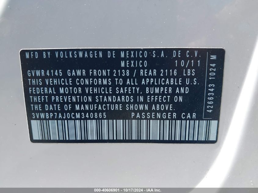 2012 VOLKSWAGEN JETTA VIN: 3VWBP7AJ0CM340865