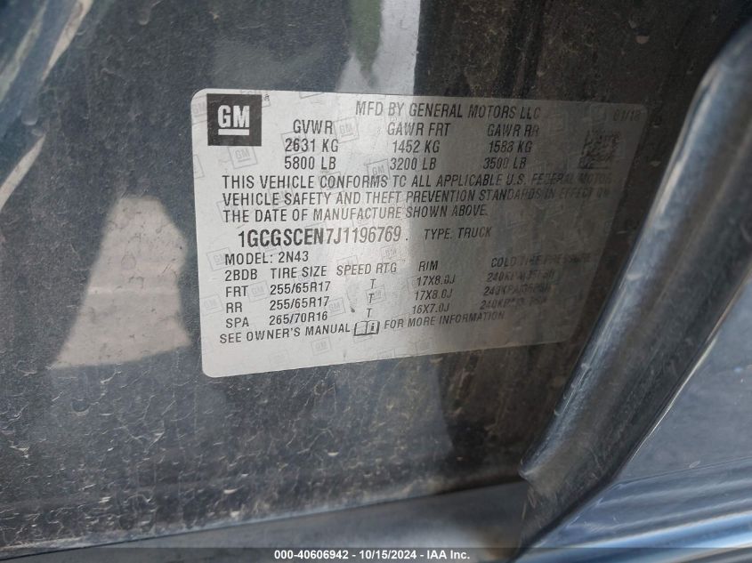 VIN 1GCGSCEN7J1196769 2018 CHEVROLET COLORADO LT