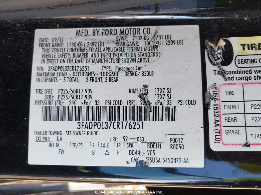 2012 Ford Fusion Hybrid VIN: 3FADP0L37CR176251 Lot: 40606949