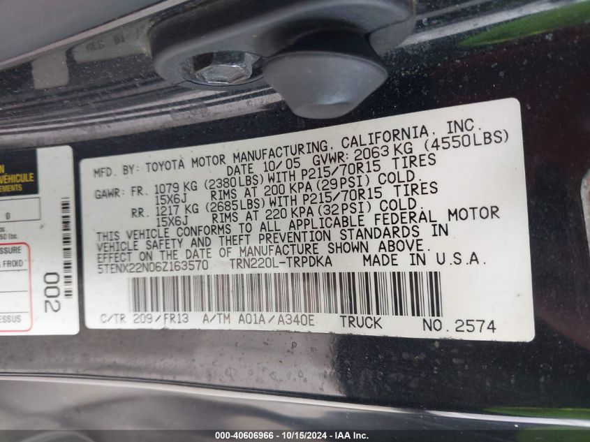 2006 Toyota Tacoma VIN: 5TENX22N06Z163570 Lot: 40606966