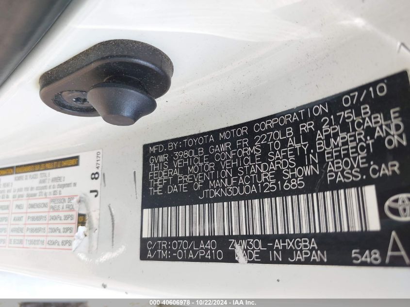 2010 Toyota Prius Iv VIN: JTDKN3DU0A1251685 Lot: 40606978