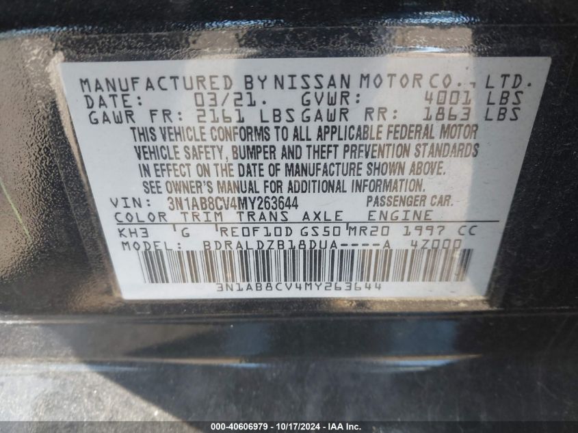 2021 Nissan Sentra Sv Xtronic Cvt VIN: 3N1AB8CV4MY263644 Lot: 40606979