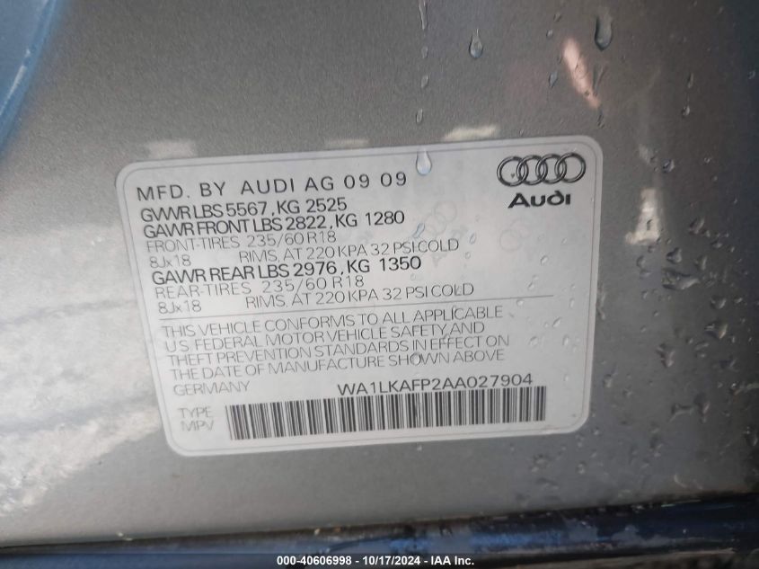 2010 Audi Q5 Premium Plus VIN: WA1LKAFP2AA027904 Lot: 40606998