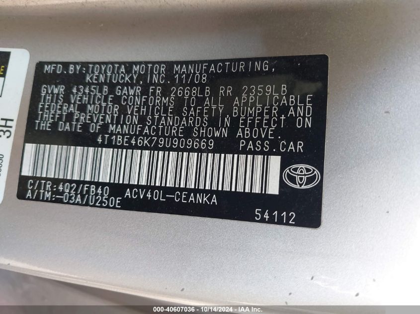 2009 Toyota Camry Le VIN: 4T1BE46K79U909669 Lot: 40607036