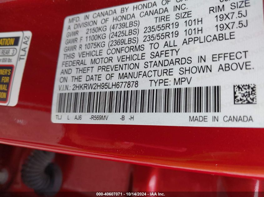 2020 Honda Cr-V Awd Touring VIN: 2HKRW2H95LH677878 Lot: 40607071