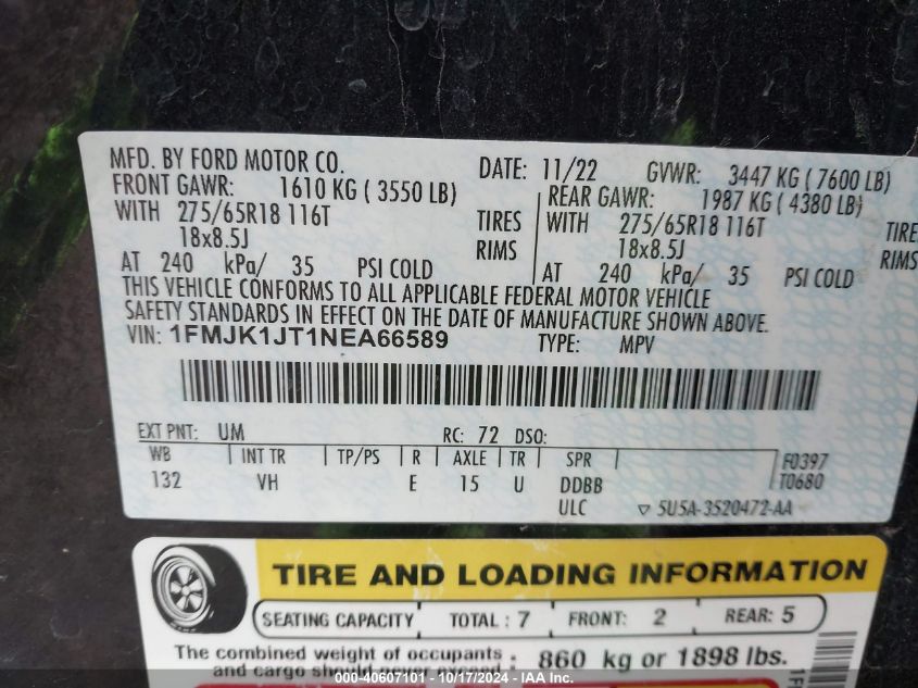 2022 Ford Expedition Xlt Max VIN: 1FMJK1JT1NEA66589 Lot: 40607101