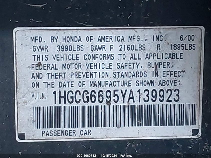 2000 Honda Accord 2.3 Se VIN: 1HGCG6695YA139923 Lot: 40607121