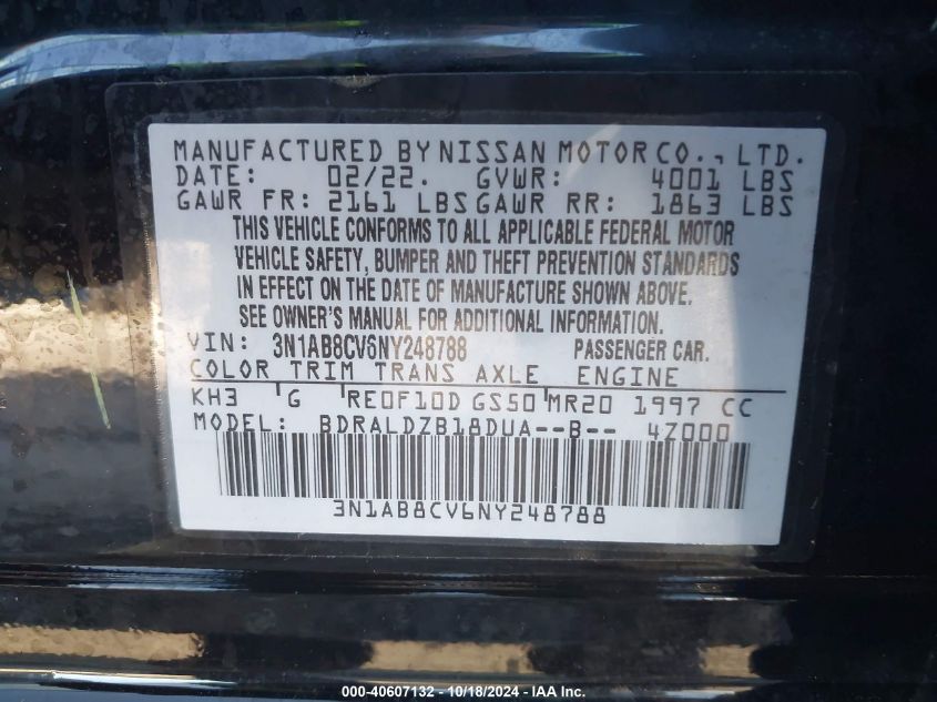 2022 Nissan Sentra Sv Xtronic Cvt VIN: 3N1AB8CV6NY248788 Lot: 40607132