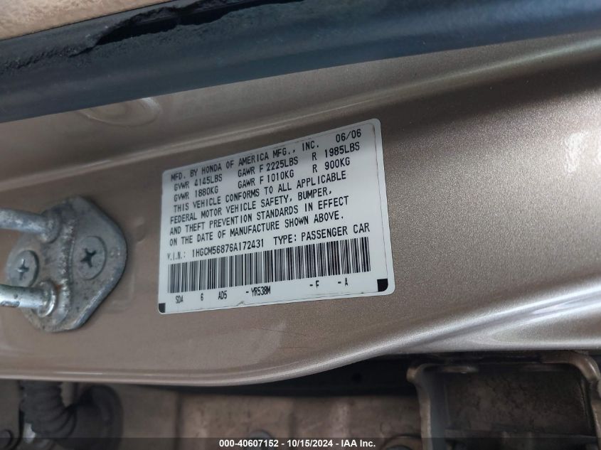 2006 Honda Accord 2.4 Ex VIN: 1HGCM56876A172431 Lot: 40607152