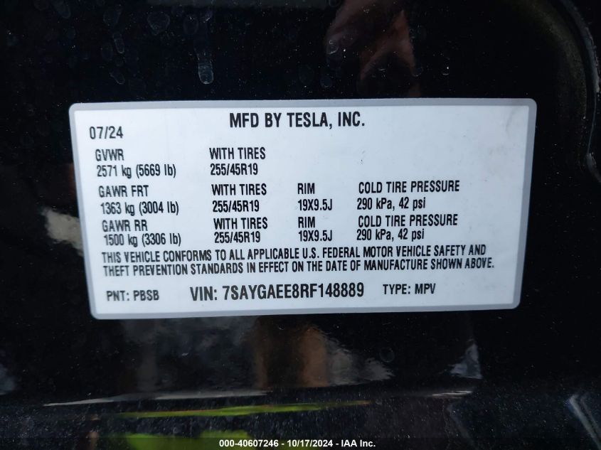 2024 Tesla Model Y Long Range Dual Motor All-Wheel Drive VIN: 7SAYGAEE8RF148889 Lot: 40607246