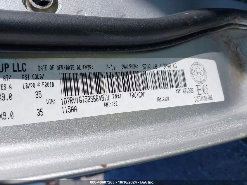 2011 Ram Ram 1500 Sport VIN: 1D7RV1GT5BS684913 Lot: 40607263