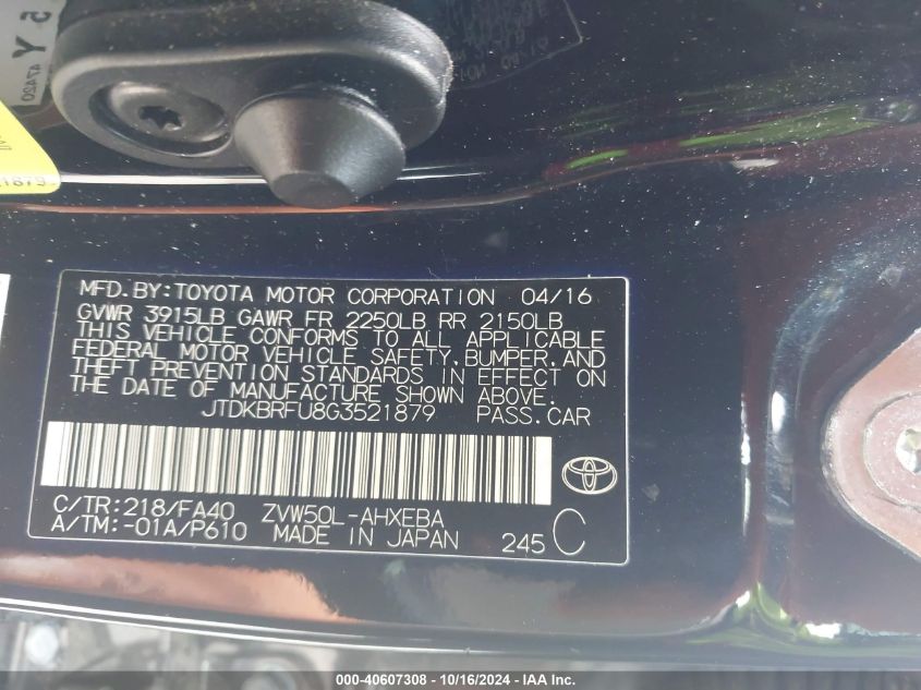 2016 Toyota Prius Two VIN: JTDKBRFU8G3521879 Lot: 40607308